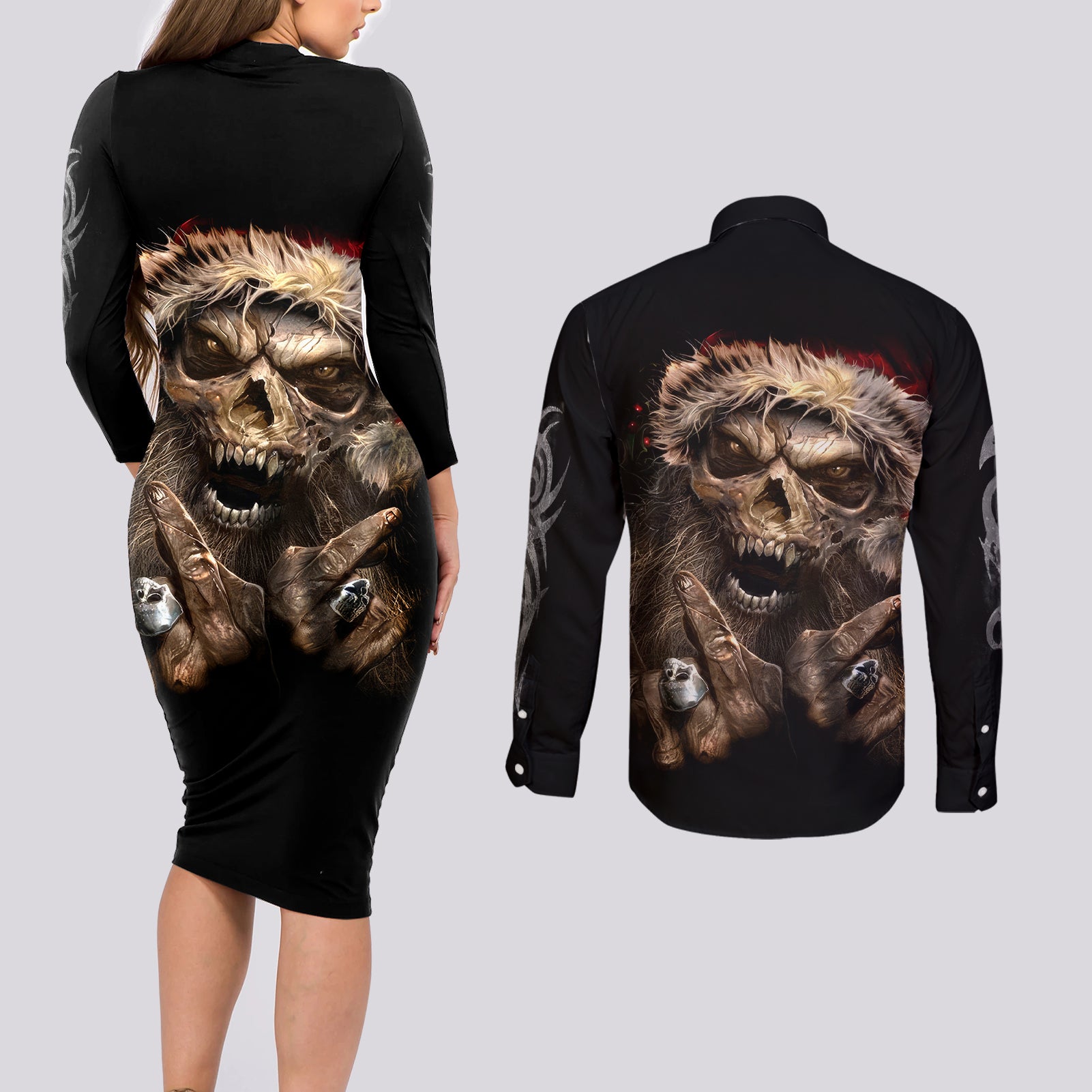 Skeleton Santa Claus Couples Matching Long Sleeve Bodycon Dress and Long Sleeve Button Shirt Scary Skeleton Santa Claus Coming - Wonder Print Shop