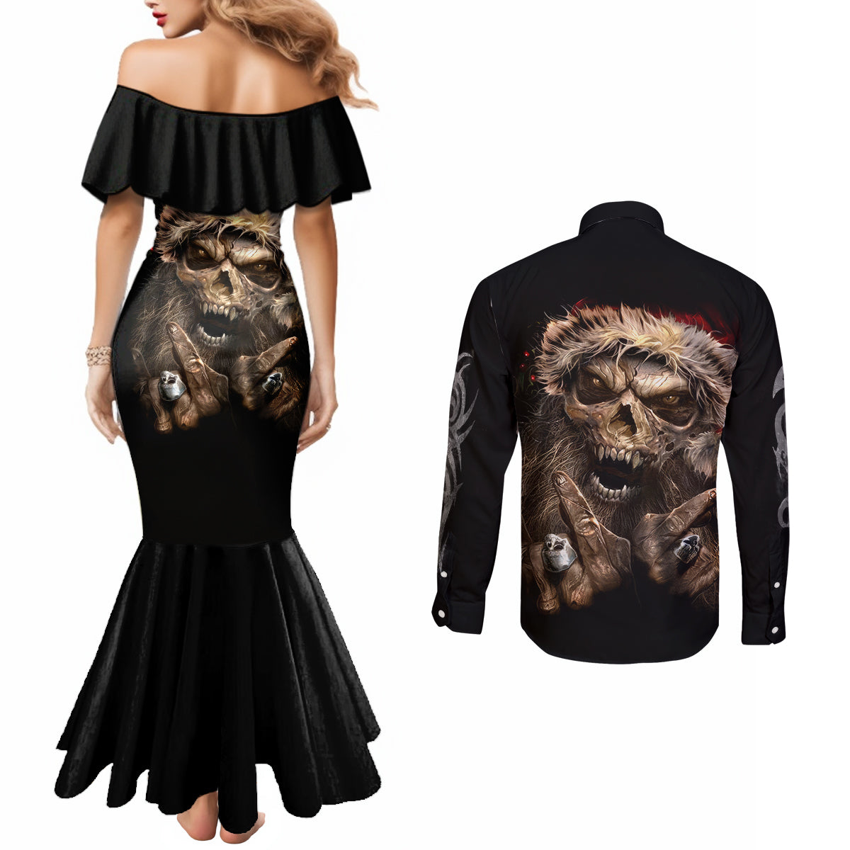 skeleton-santa-claus-couples-matching-mermaid-dress-and-long-sleeve-button-shirt-scary-skeleton-santa-claus-coming