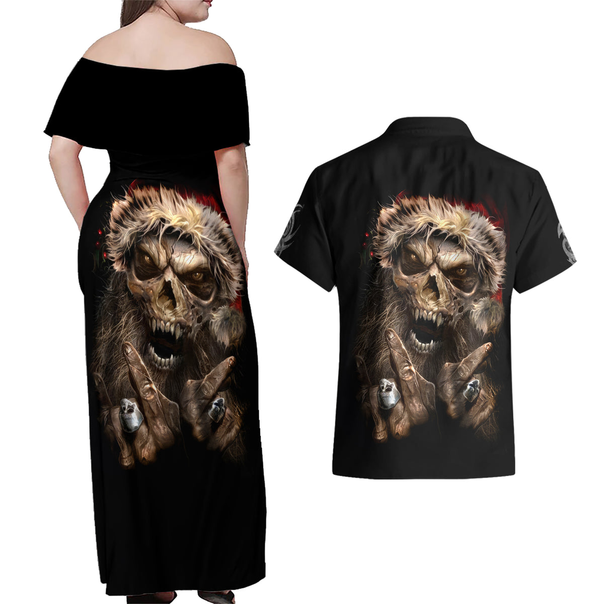 Skeleton Santa Claus Couples Matching Off Shoulder Maxi Dress and Hawaiian Shirt Scary Skeleton Santa Claus Coming - Wonder Print Shop