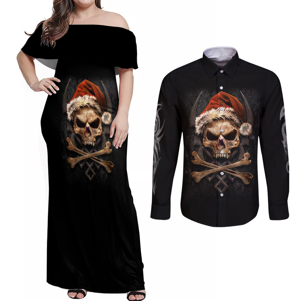 Skeleton Santa Claus Couples Matching Off Shoulder Maxi Dress and Long Sleeve Button Shirt Scary Skeleton Santa Claus Coming - Wonder Print Shop