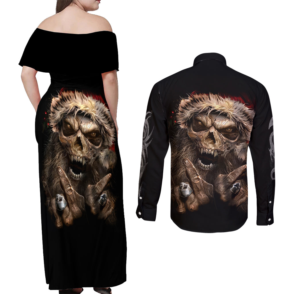 Skeleton Santa Claus Couples Matching Off Shoulder Maxi Dress and Long Sleeve Button Shirt Scary Skeleton Santa Claus Coming - Wonder Print Shop