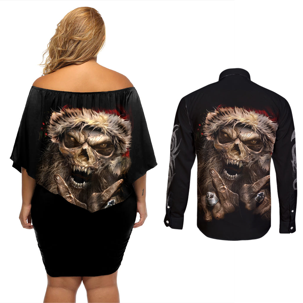 Skeleton Santa Claus Couples Matching Off Shoulder Short Dress and Long Sleeve Button Shirt Scary Skeleton Santa Claus Coming - Wonder Print Shop