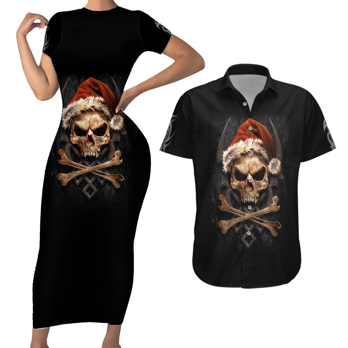 Skeleton Santa Claus Couples Matching Short Sleeve Bodycon Dress and Hawaiian Shirt Scary Skeleton Santa Claus Coming - Wonder Print Shop