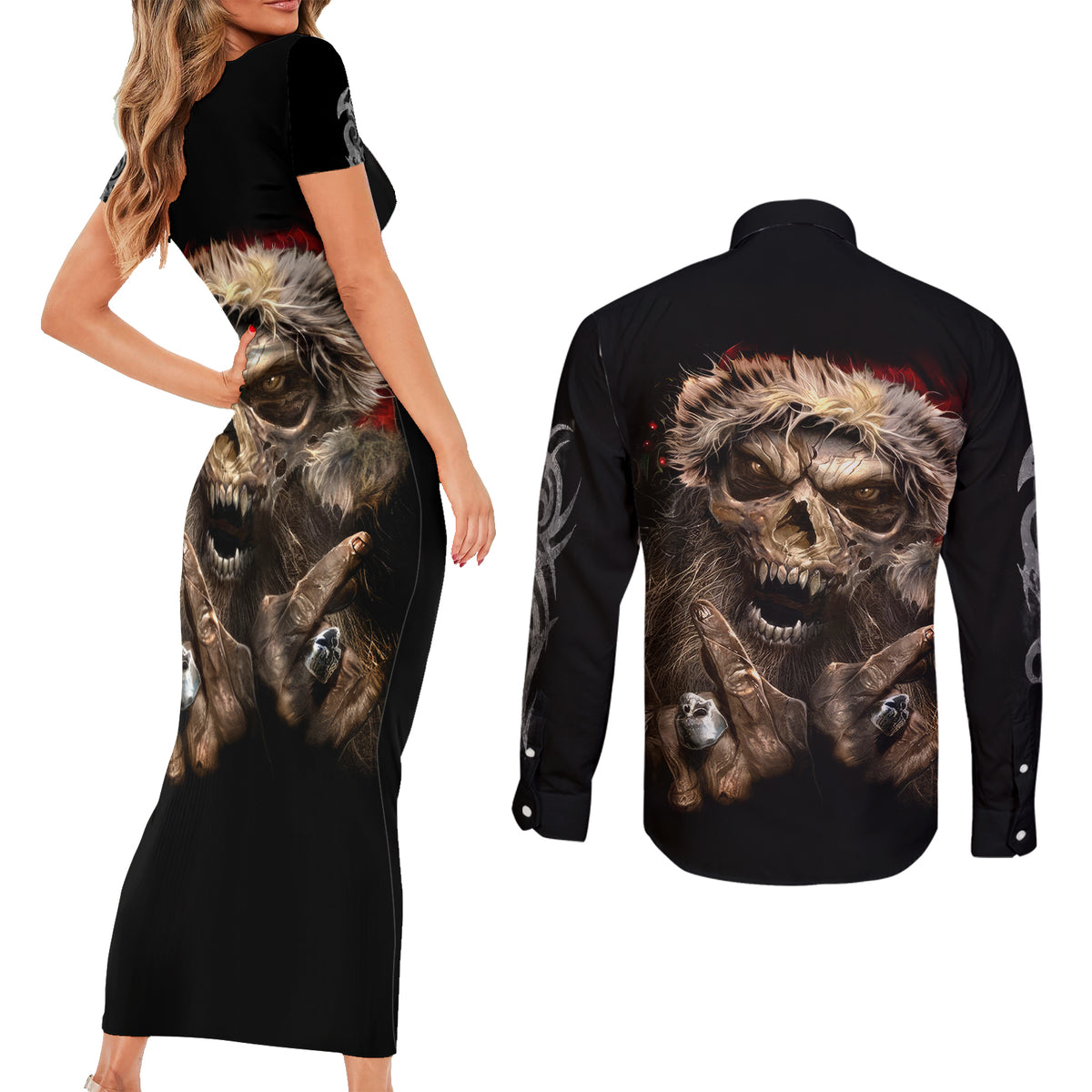 Skeleton Santa Claus Couples Matching Short Sleeve Bodycon Dress and Long Sleeve Button Shirt Scary Skeleton Santa Claus Coming - Wonder Print Shop