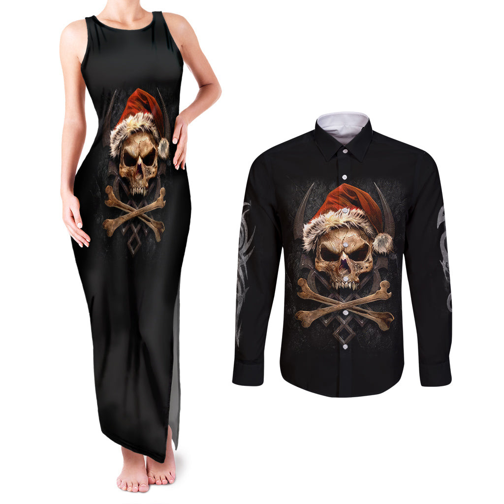 Skeleton Santa Claus Couples Matching Tank Maxi Dress and Long Sleeve Button Shirt Scary Skeleton Santa Claus Coming - Wonder Print Shop