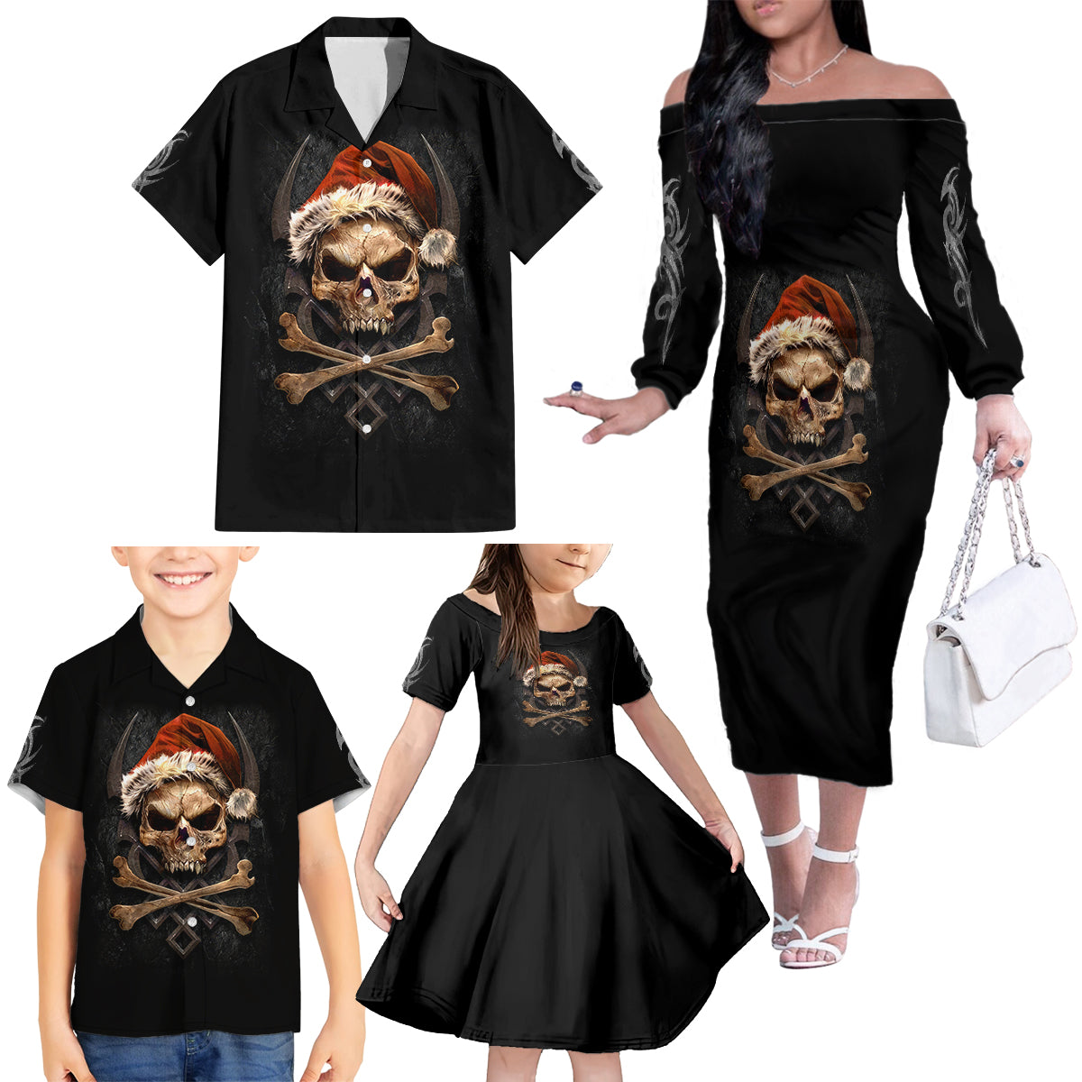 Skeleton Santa Claus Family Matching Off Shoulder Long Sleeve Dress and Hawaiian Shirt Scary Skeleton Santa Claus Coming - Wonder Print Shop