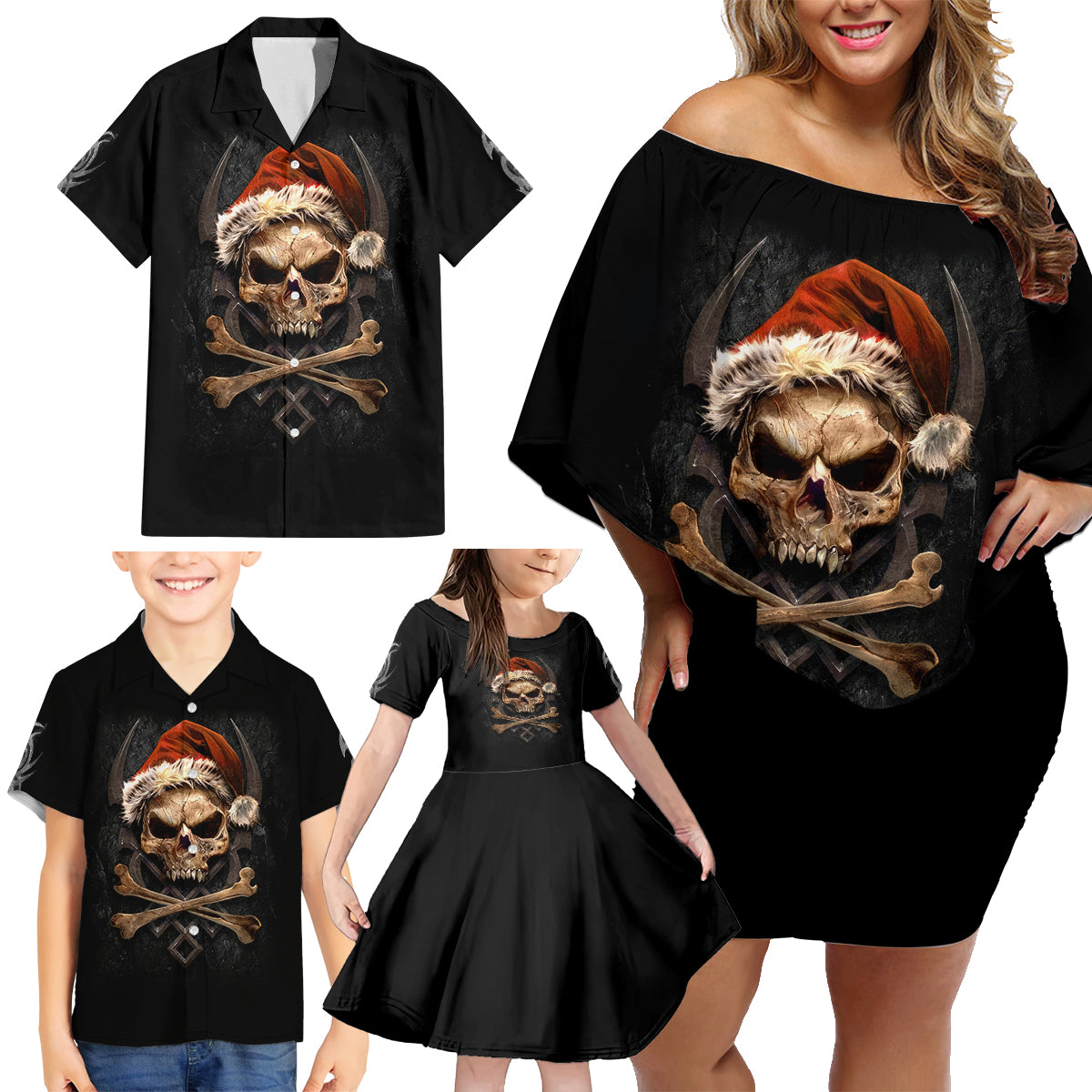Skeleton Santa Claus Family Matching Off Shoulder Short Dress and Hawaiian Shirt Scary Skeleton Santa Claus Coming - Wonder Print Shop