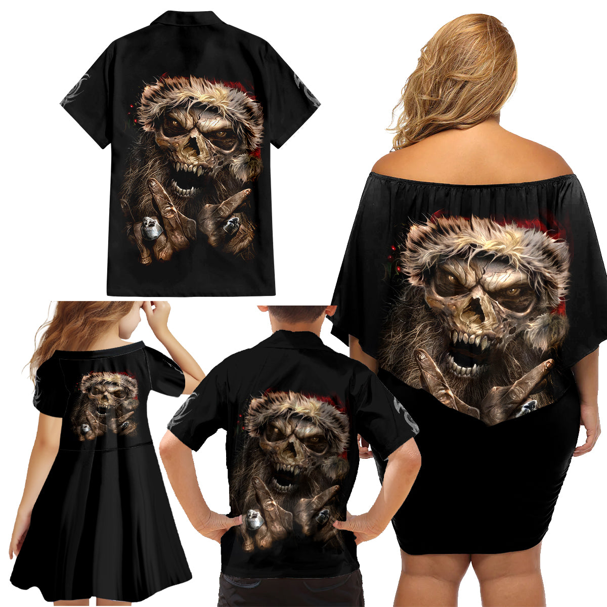 Skeleton Santa Claus Family Matching Off Shoulder Short Dress and Hawaiian Shirt Scary Skeleton Santa Claus Coming - Wonder Print Shop