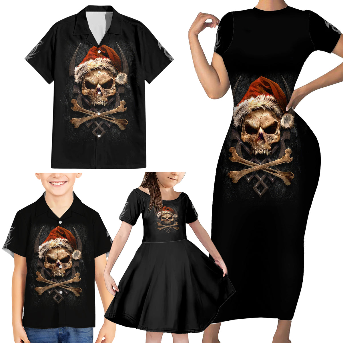 Skeleton Santa Claus Family Matching Short Sleeve Bodycon Dress and Hawaiian Shirt Scary Skeleton Santa Claus Coming - Wonder Print Shop