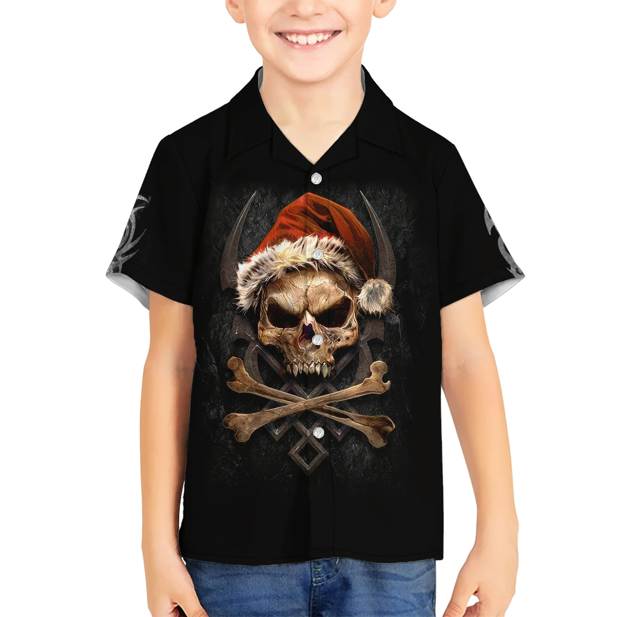 Skeleton Santa Claus Kid Hawaiian Shirt Scary Skeleton Santa Claus Coming - Wonder Print Shop