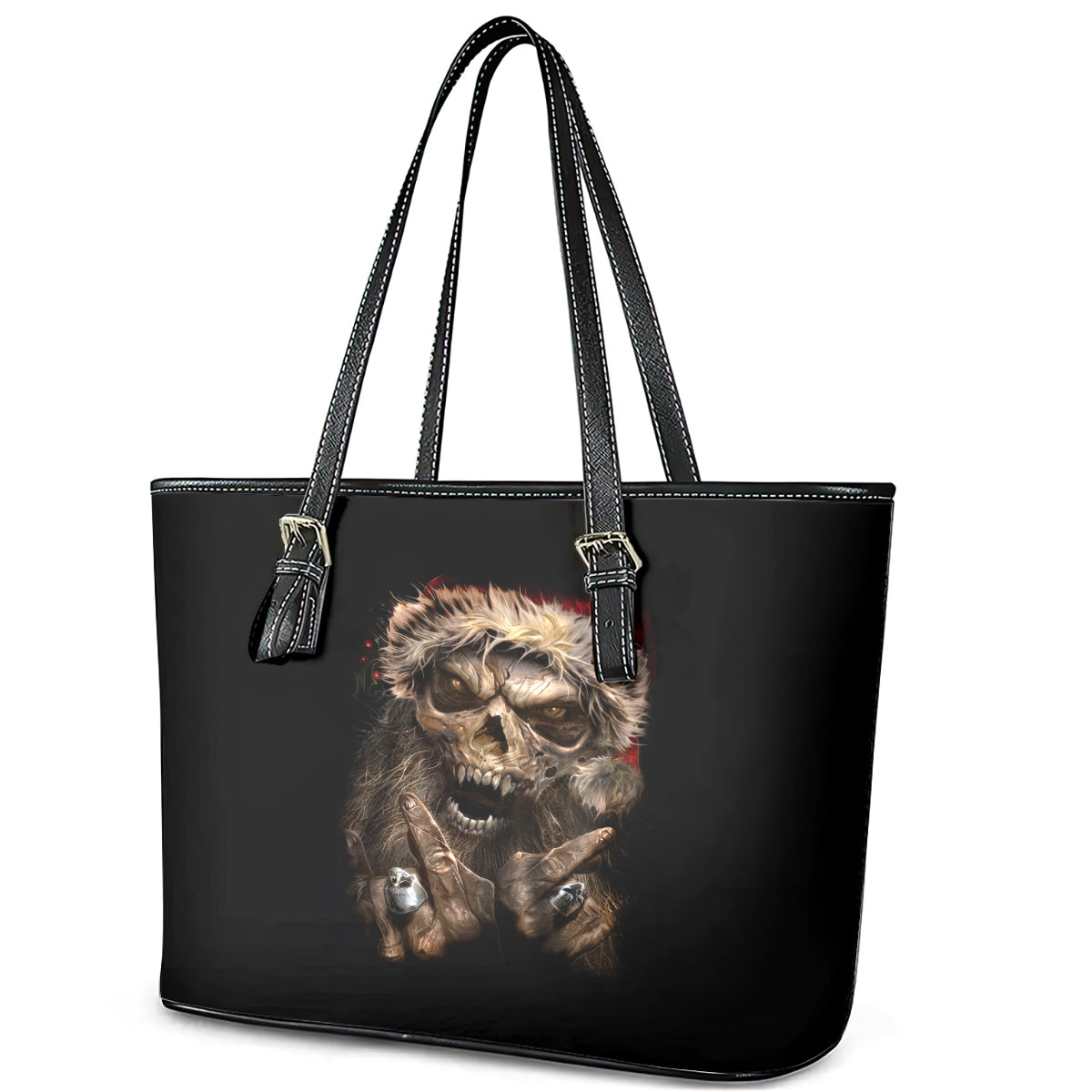 Skeleton Santa Claus Leather Tote Bag Scary Skeleton Santa Claus Coming - Wonder Print Shop