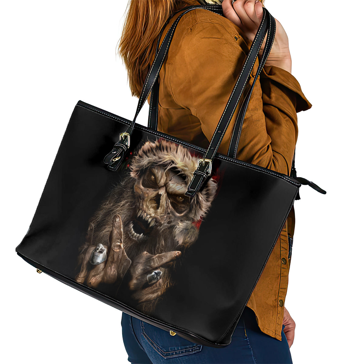 Skeleton Santa Claus Leather Tote Bag Scary Skeleton Santa Claus Coming - Wonder Print Shop