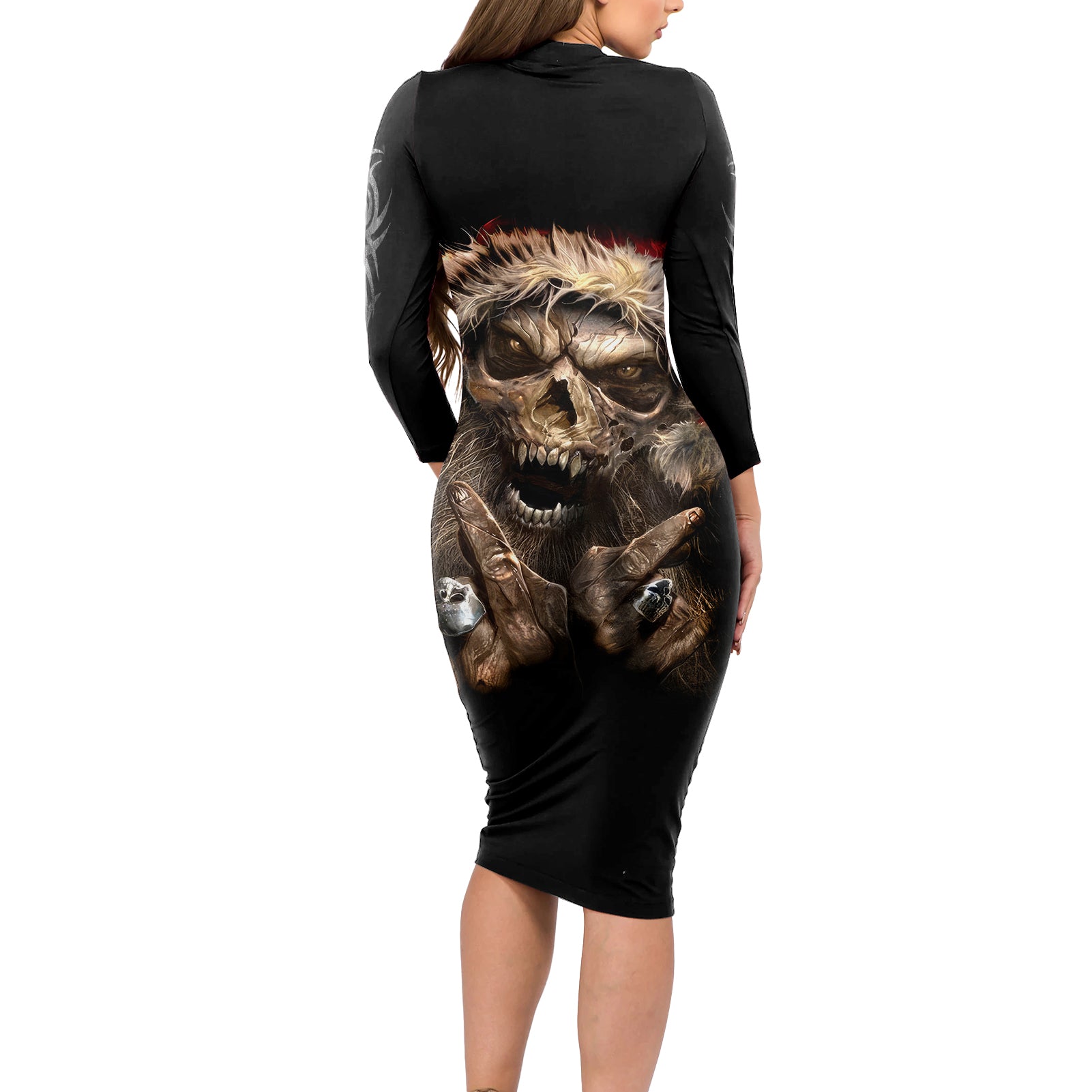 Skeleton Santa Claus Long Sleeve Bodycon Dress Scary Skeleton Santa Claus Coming - Wonder Print Shop