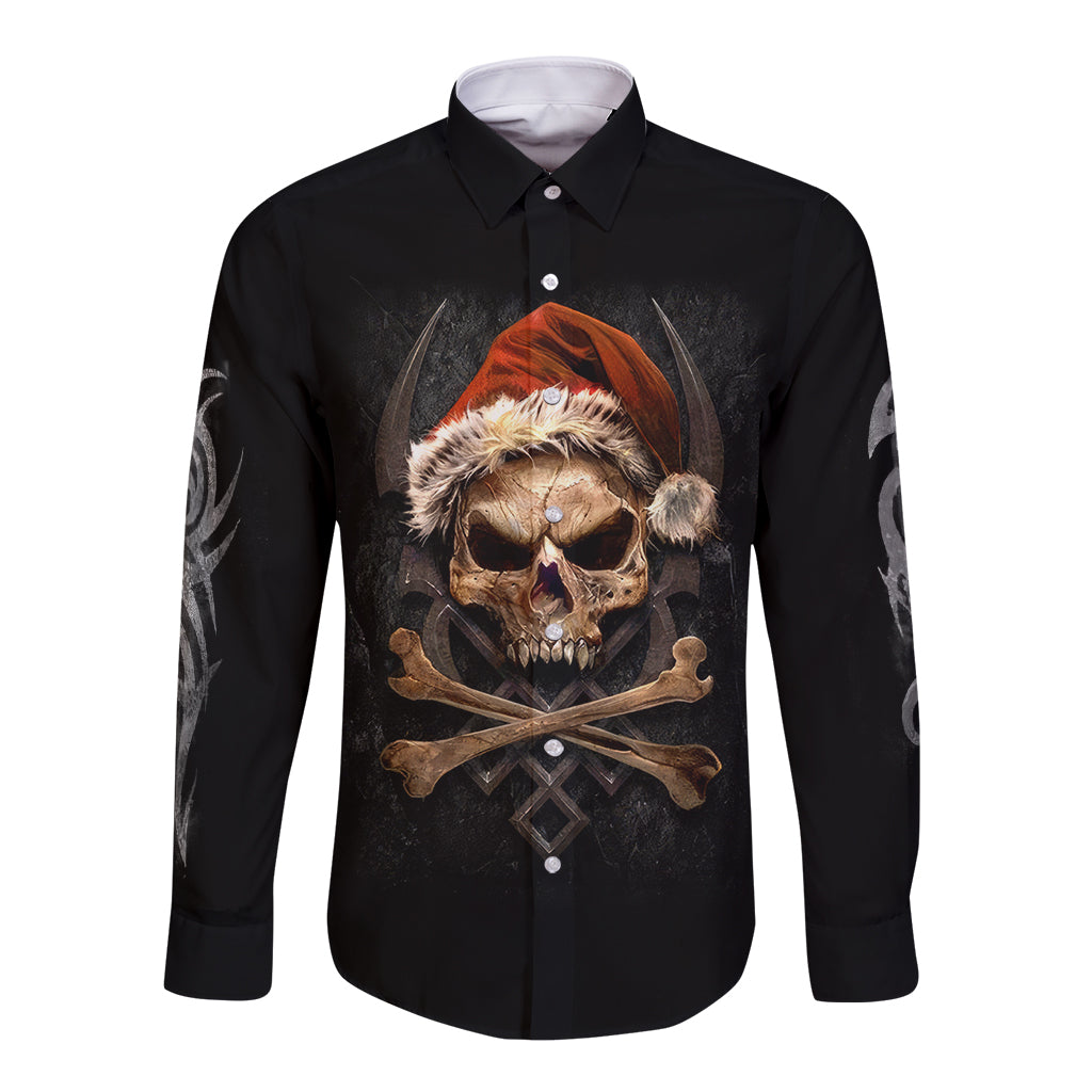 Skeleton Santa Claus Long Sleeve Button Shirt Scary Skeleton Santa Claus Coming - Wonder Print Shop
