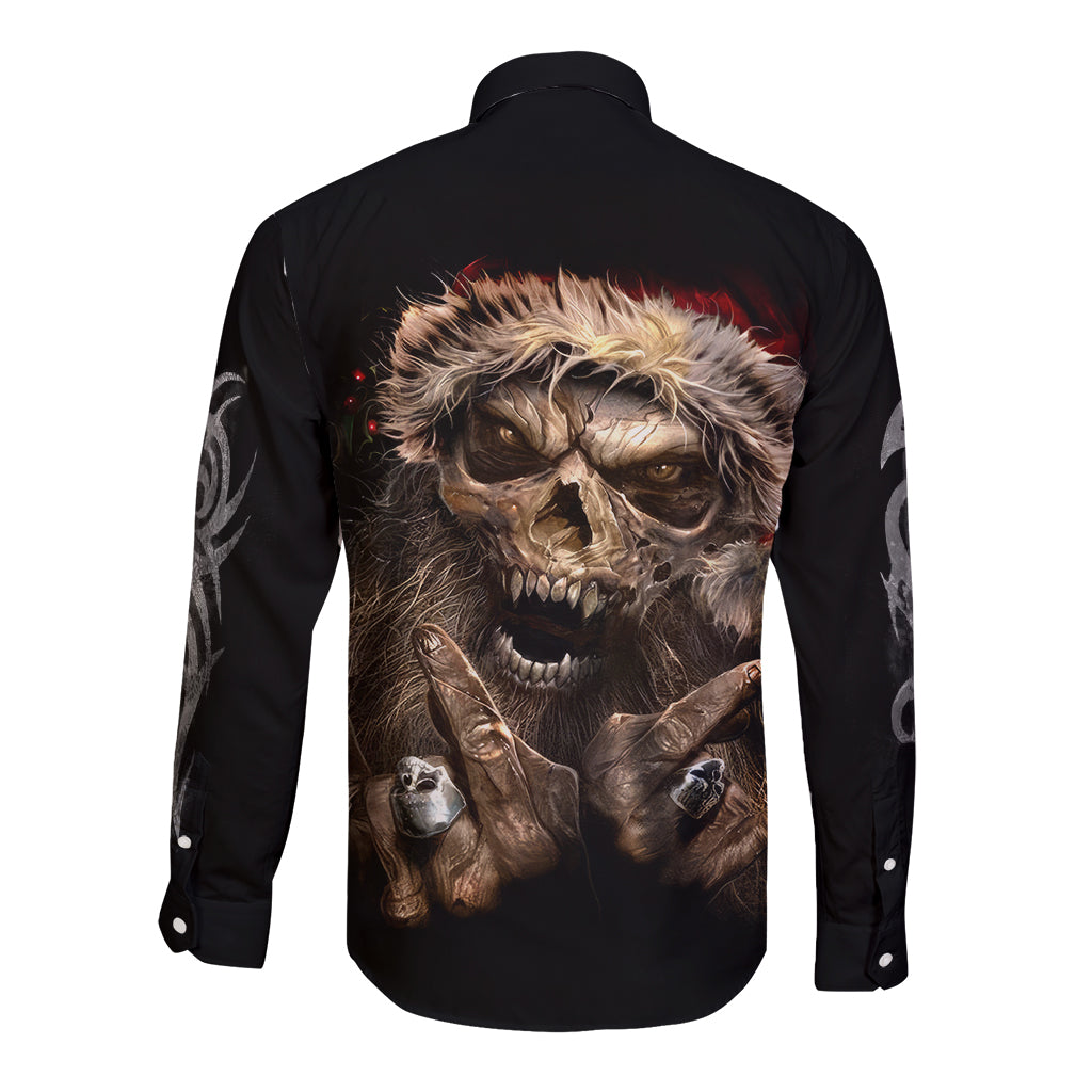 Skeleton Santa Claus Long Sleeve Button Shirt Scary Skeleton Santa Claus Coming - Wonder Print Shop