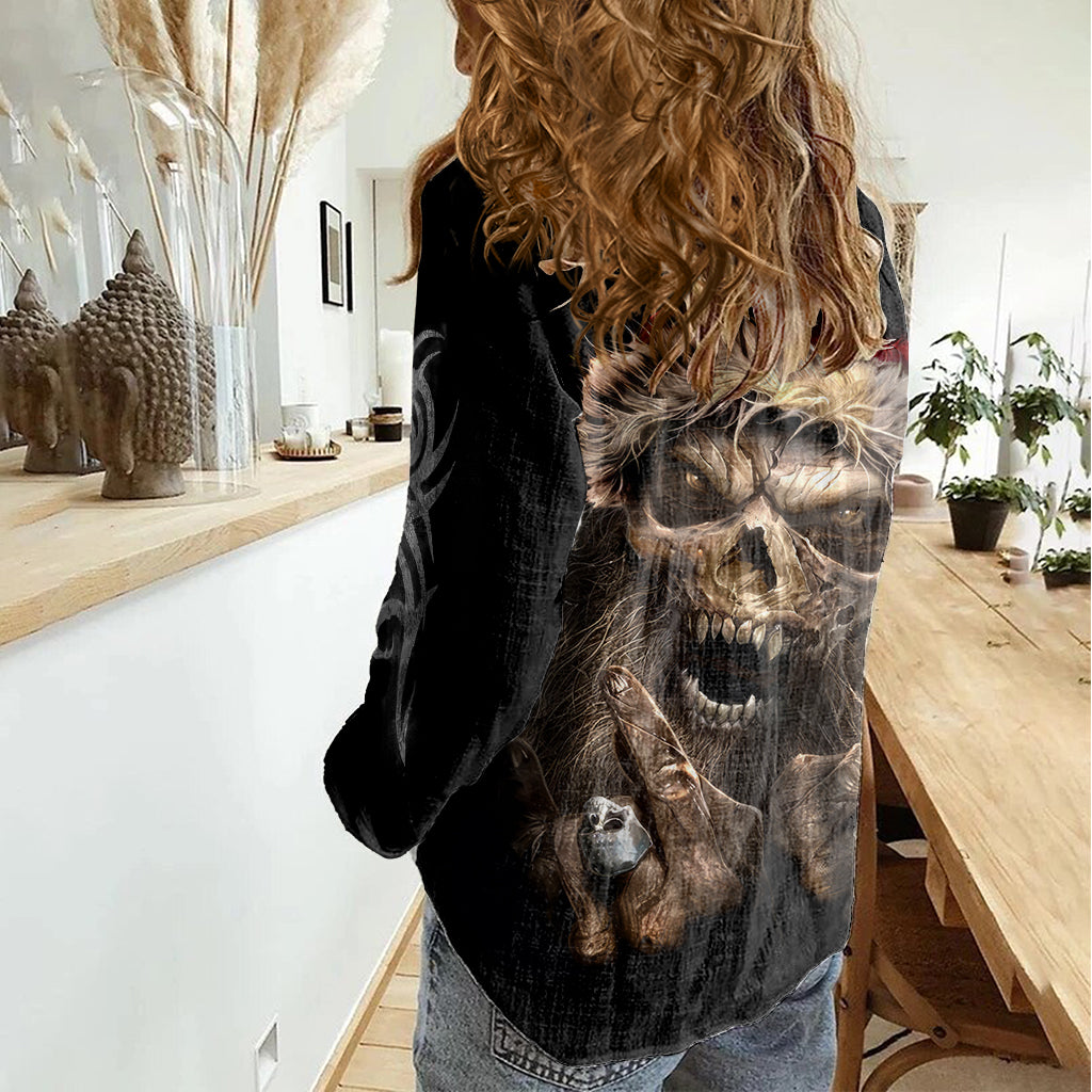 Skeleton Santa Claus Women Casual Shirt Scary Skeleton Santa Claus Coming - Wonder Print Shop