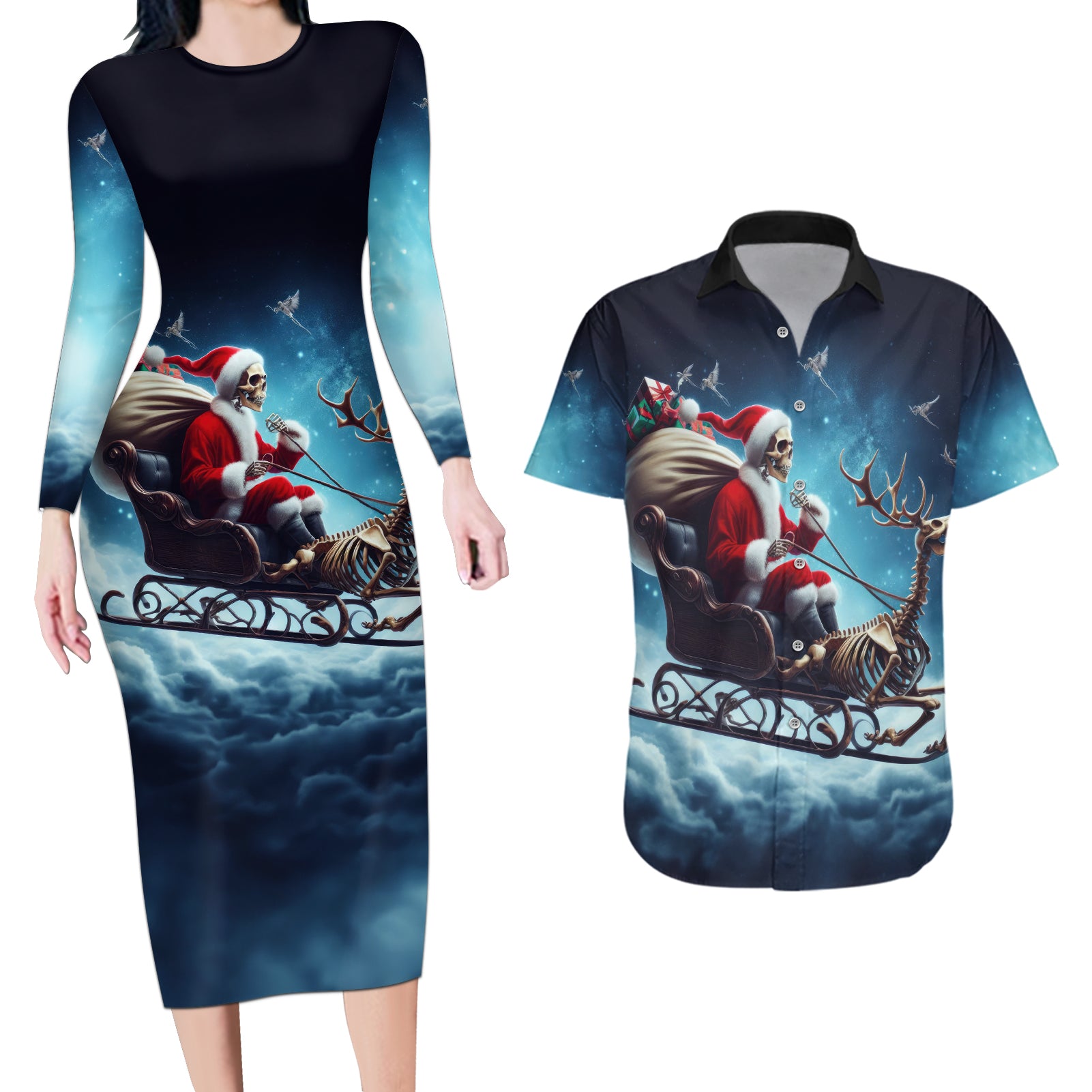Skeleton Santa Claus Couples Matching Long Sleeve Bodycon Dress and Hawaiian Shirt Santa Claus Is Coming To Town - Wonder Print Shop