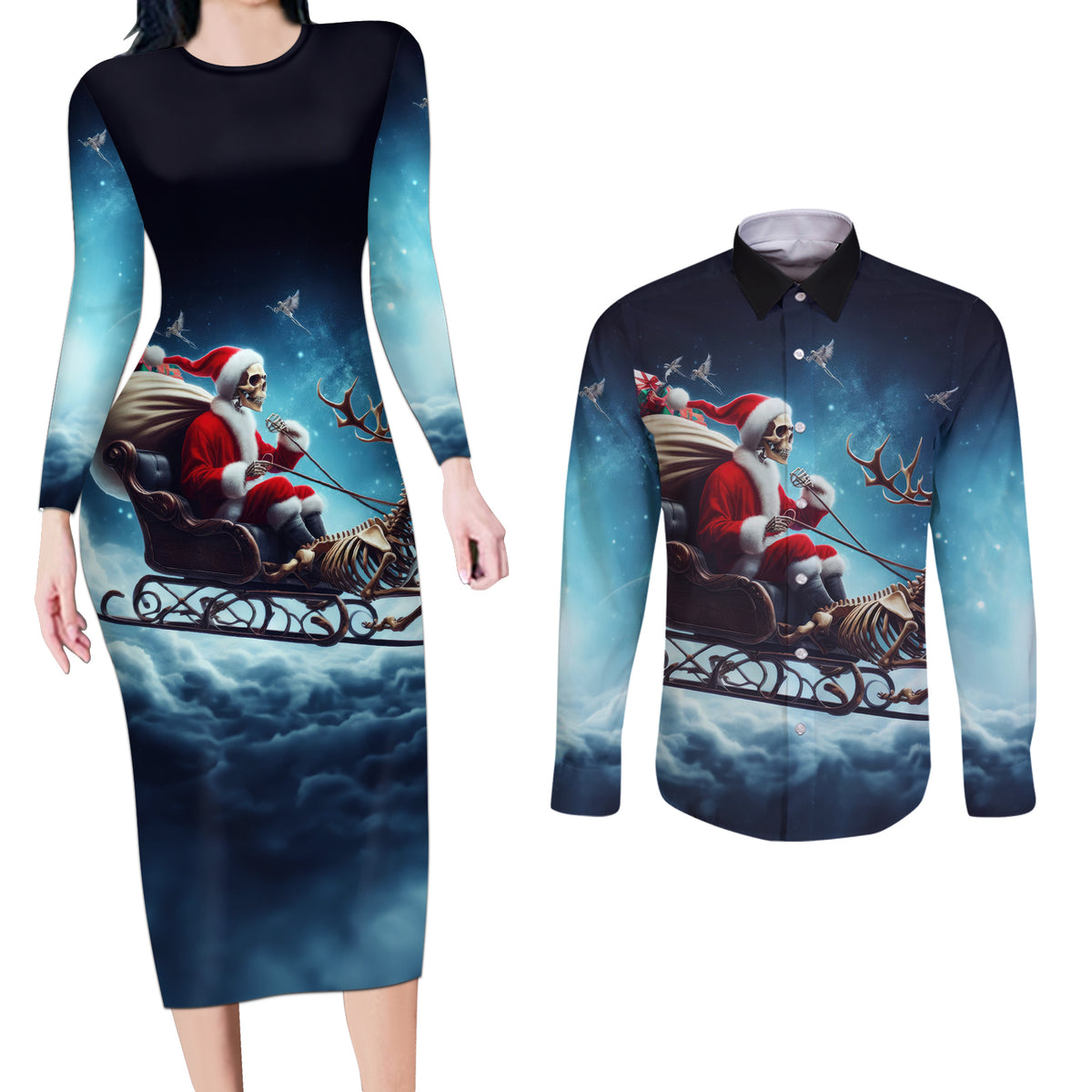 Skeleton Santa Claus Couples Matching Long Sleeve Bodycon Dress and Long Sleeve Button Shirt Santa Claus Is Coming To Town - Wonder Print Shop