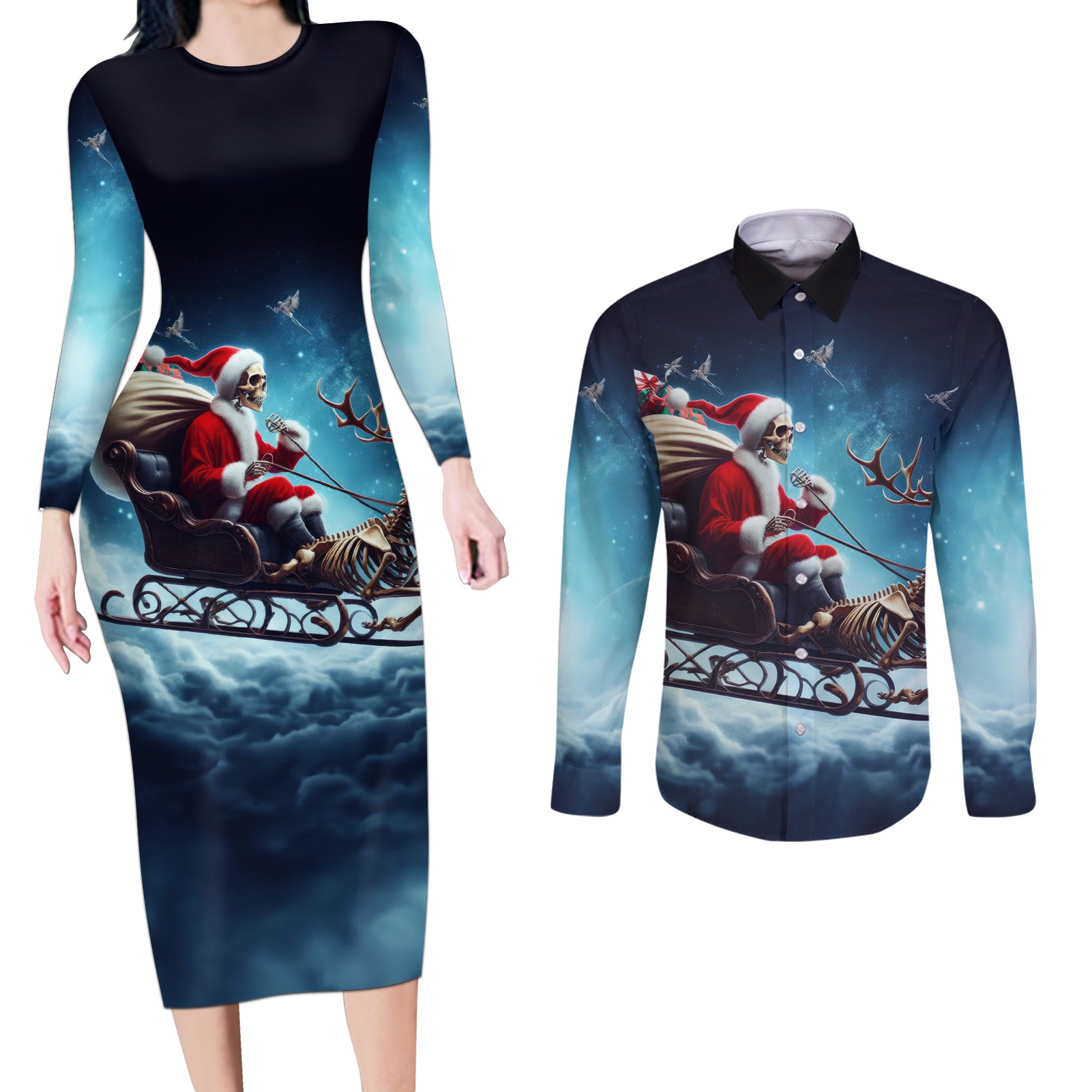 Skeleton Santa Claus Couples Matching Long Sleeve Bodycon Dress and Long Sleeve Button Shirt Santa Claus Is Coming To Town - Wonder Print Shop