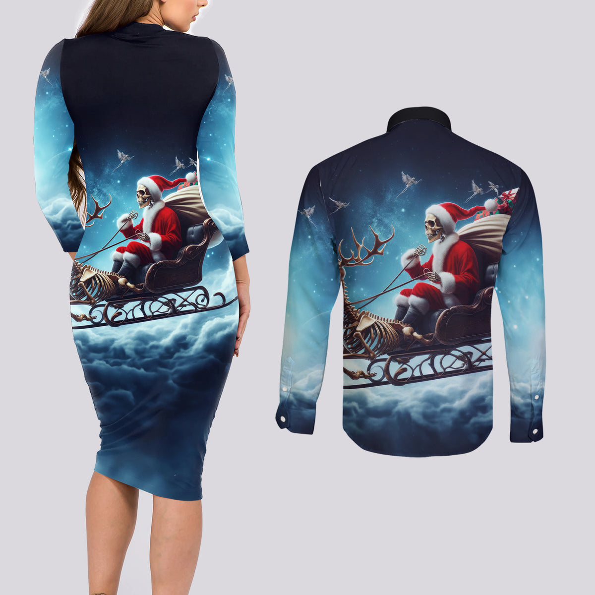 Skeleton Santa Claus Couples Matching Long Sleeve Bodycon Dress and Long Sleeve Button Shirt Santa Claus Is Coming To Town - Wonder Print Shop