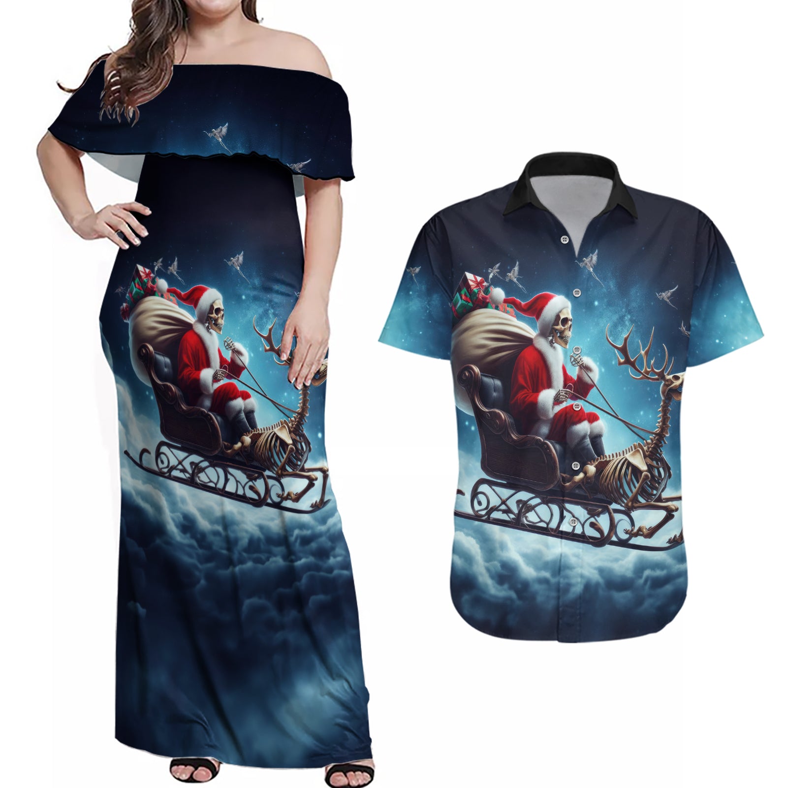Skeleton Santa Claus Couples Matching Off Shoulder Maxi Dress and Hawaiian Shirt Santa Claus Is Coming To Town - Wonder Print Shop