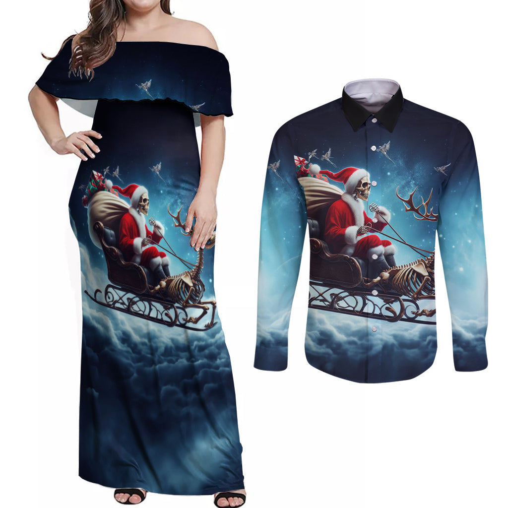 Skeleton Santa Claus Couples Matching Off Shoulder Maxi Dress and Long Sleeve Button Shirt Santa Claus Is Coming To Town - Wonder Print Shop
