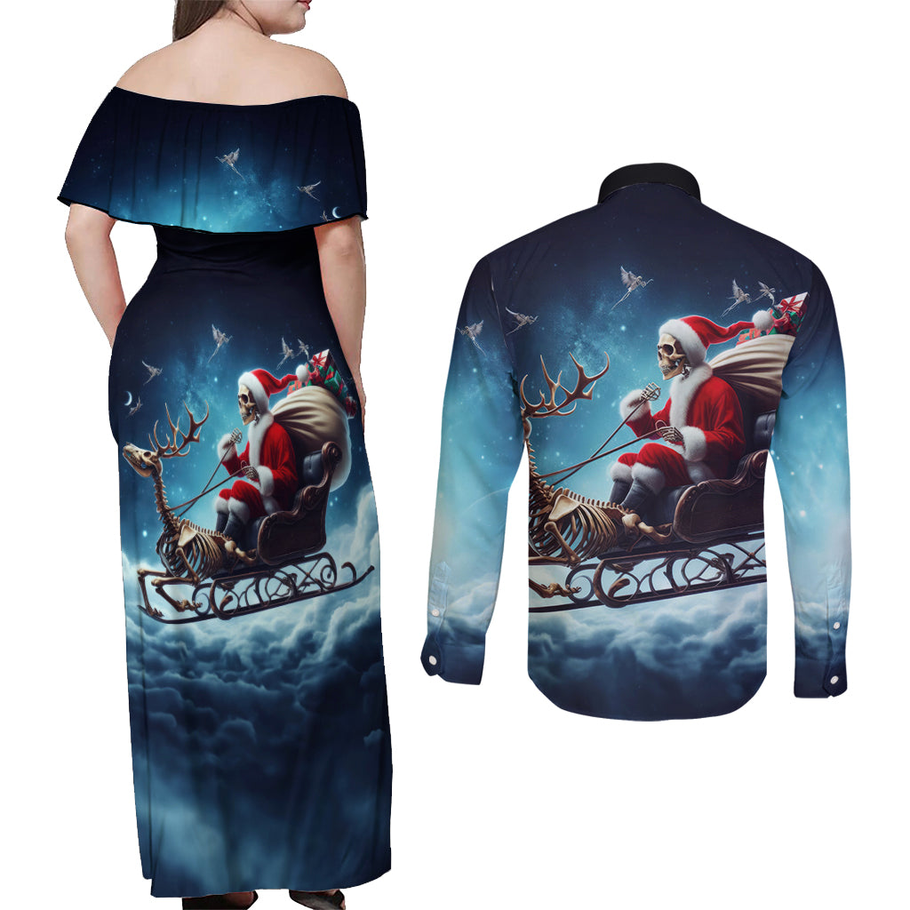 Skeleton Santa Claus Couples Matching Off Shoulder Maxi Dress and Long Sleeve Button Shirt Santa Claus Is Coming To Town - Wonder Print Shop
