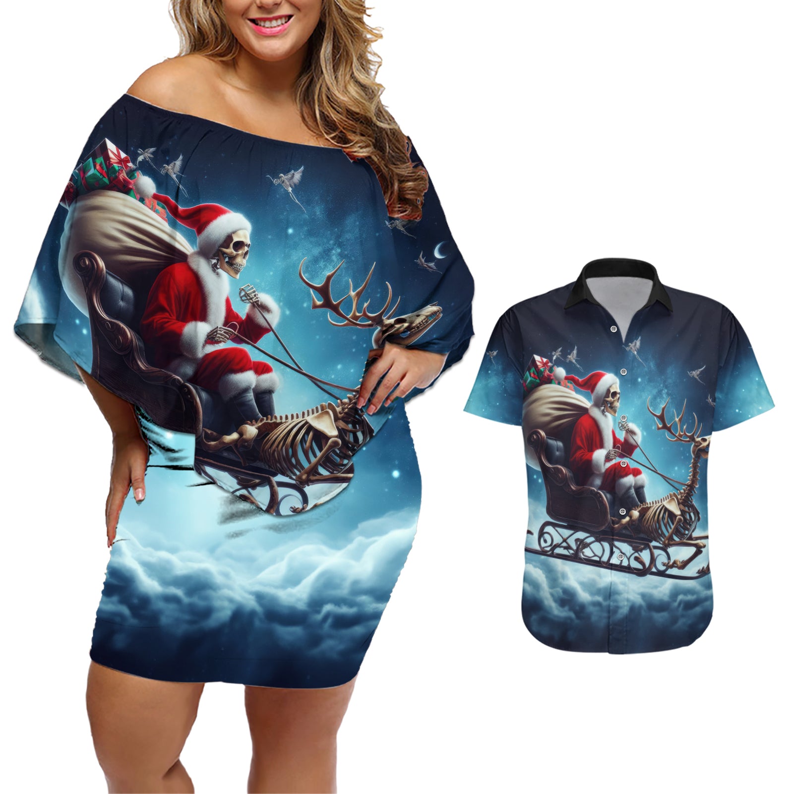 Skeleton Santa Claus Couples Matching Off Shoulder Short Dress and Hawaiian Shirt Santa Claus Is Coming To Town - Wonder Print Shop