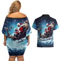 Skeleton Santa Claus Couples Matching Off Shoulder Short Dress and Hawaiian Shirt Santa Claus Is Coming To Town - Wonder Print Shop
