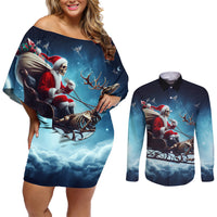 Skeleton Santa Claus Couples Matching Off Shoulder Short Dress and Long Sleeve Button Shirt Santa Claus Is Coming To Town - Wonder Print Shop