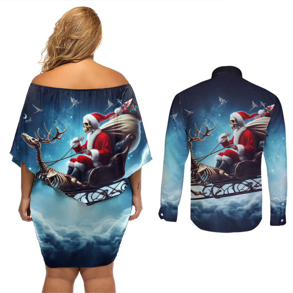 Skeleton Santa Claus Couples Matching Off Shoulder Short Dress and Long Sleeve Button Shirt Santa Claus Is Coming To Town - Wonder Print Shop