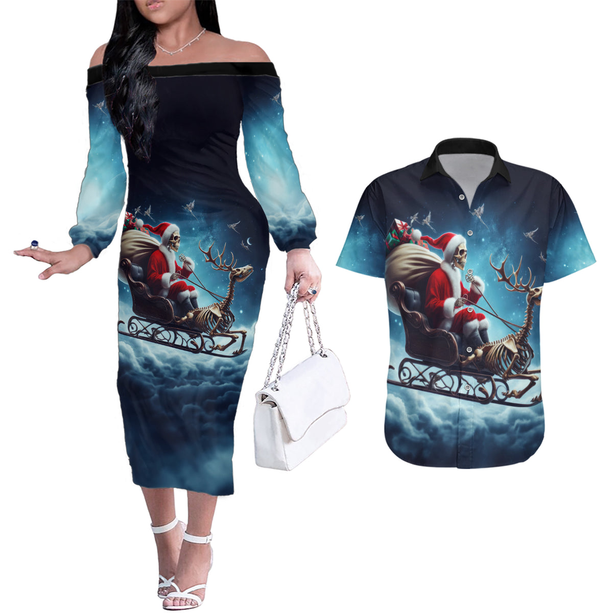 Skeleton Santa Claus Couples Matching Off The Shoulder Long Sleeve Dress and Hawaiian Shirt Santa Claus Is Coming To Town - Wonder Print Shop