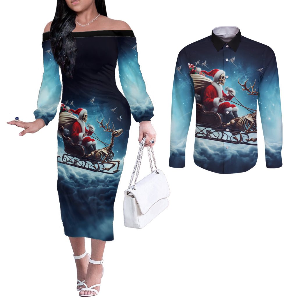 skeleton-santa-claus-couples-matching-off-the-shoulder-long-sleeve-dress-and-long-sleeve-button-shirt-santa-claus-is-coming-to-town