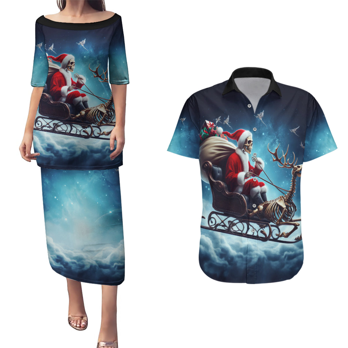 Skeleton Santa Claus Couples Matching Puletasi Dress and Hawaiian Shirt Santa Claus Is Coming To Town - Wonder Print Shop