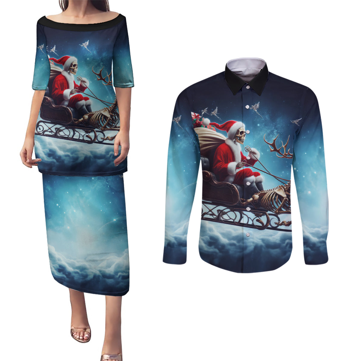Skeleton Santa Claus Couples Matching Puletasi Dress and Long Sleeve Button Shirt Santa Claus Is Coming To Town - Wonder Print Shop