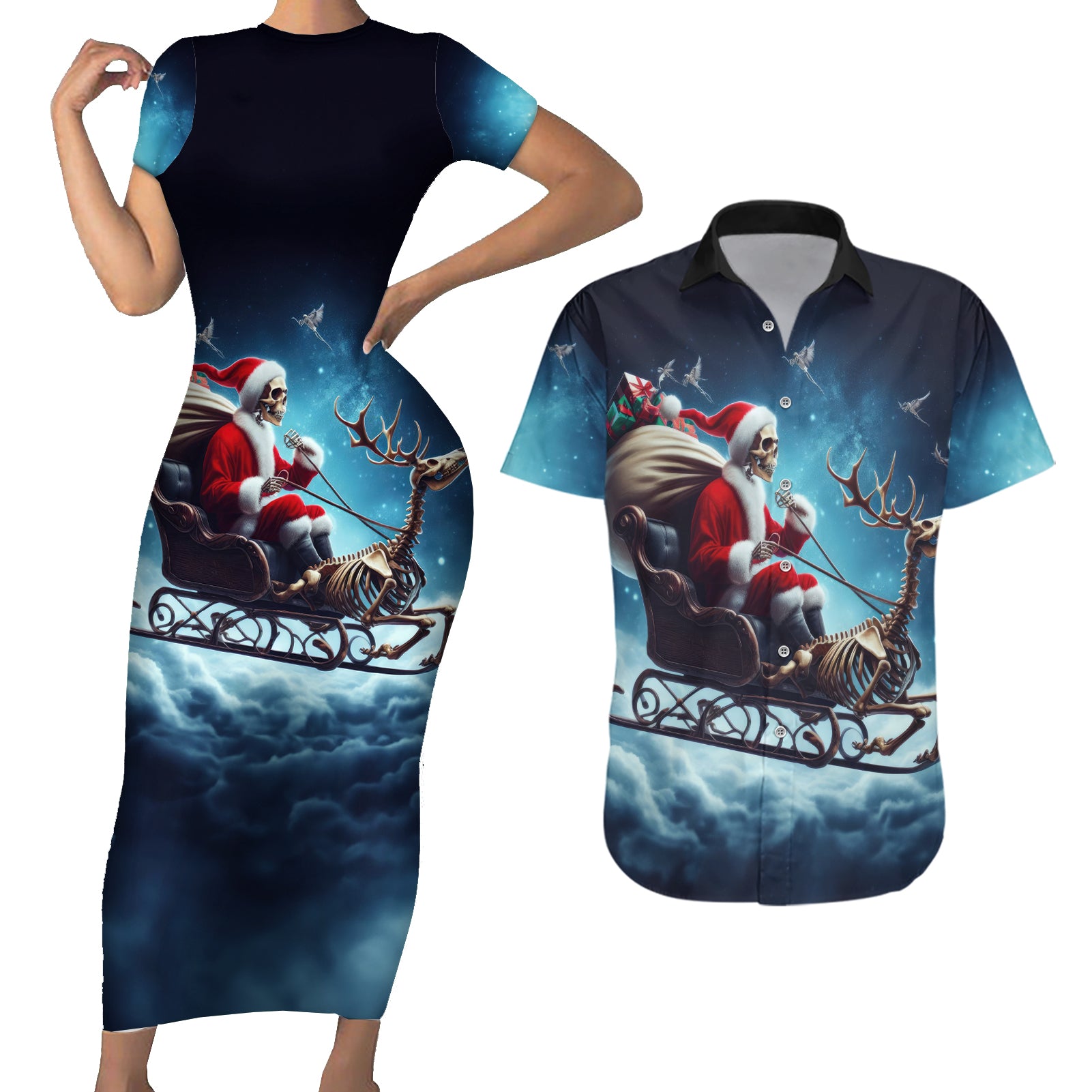 Skeleton Santa Claus Couples Matching Short Sleeve Bodycon Dress and Hawaiian Shirt Santa Claus Is Coming To Town - Wonder Print Shop
