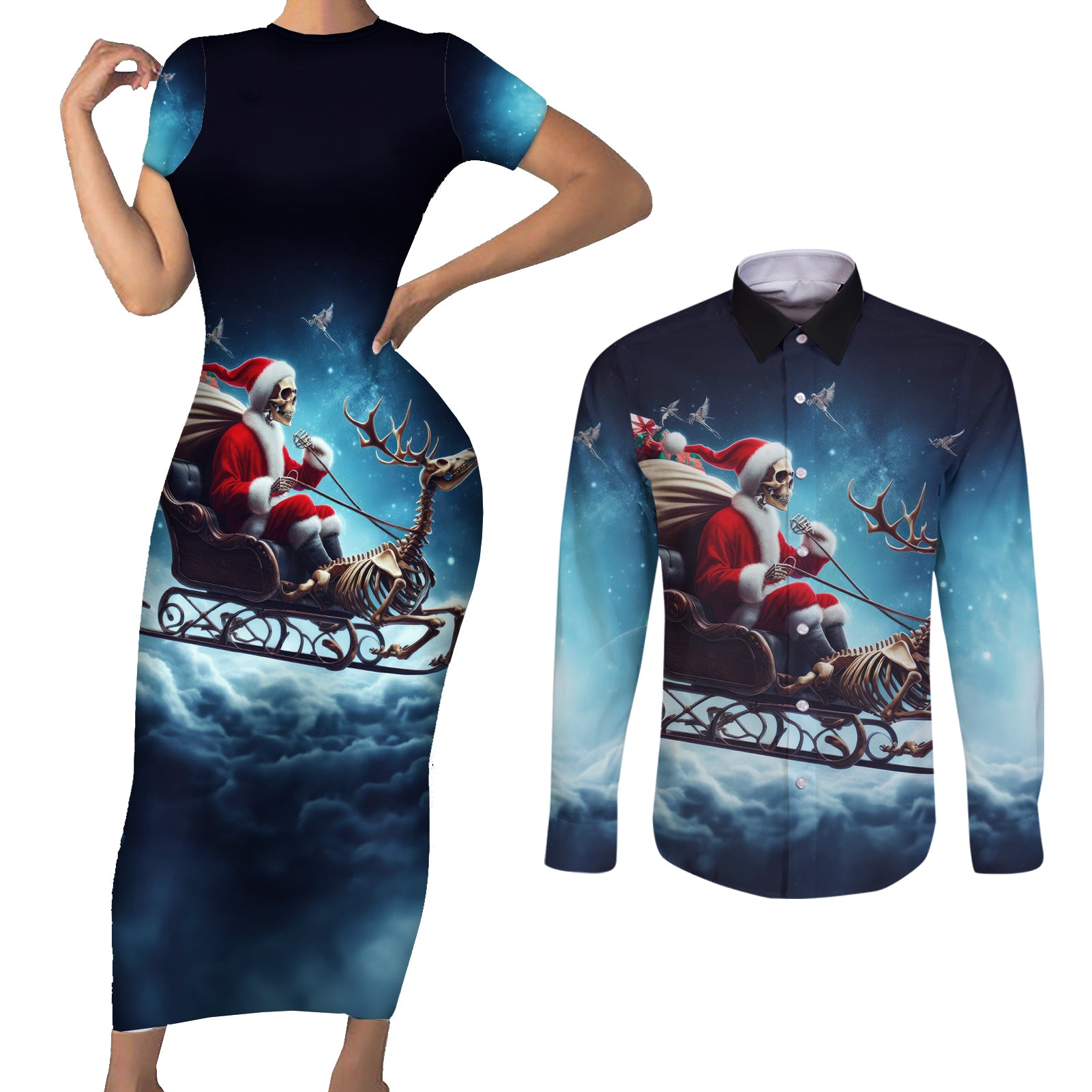 Skeleton Santa Claus Couples Matching Short Sleeve Bodycon Dress and Long Sleeve Button Shirt Santa Claus Is Coming To Town - Wonder Print Shop