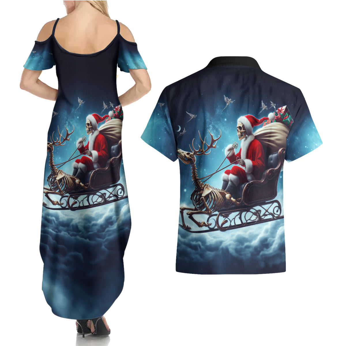 Skeleton Santa Claus Couples Matching Summer Maxi Dress and Hawaiian Shirt Santa Claus Is Coming To Town - Wonder Print Shop