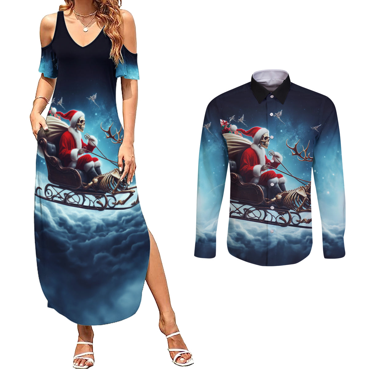 Skeleton Santa Claus Couples Matching Summer Maxi Dress and Long Sleeve Button Shirt Santa Claus Is Coming To Town - Wonder Print Shop
