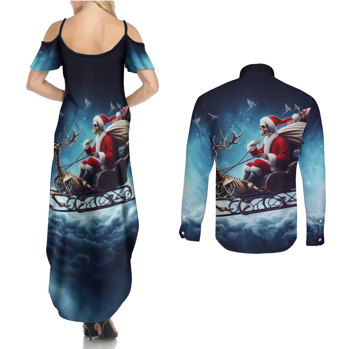 Skeleton Santa Claus Couples Matching Summer Maxi Dress and Long Sleeve Button Shirt Santa Claus Is Coming To Town - Wonder Print Shop