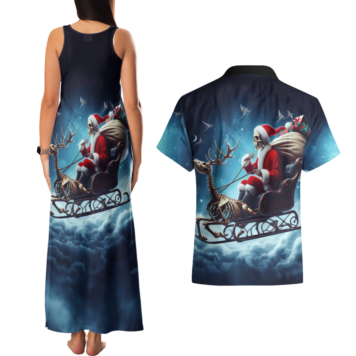 Skeleton Santa Claus Couples Matching Tank Maxi Dress and Hawaiian Shirt Santa Claus Is Coming To Town - Wonder Print Shop