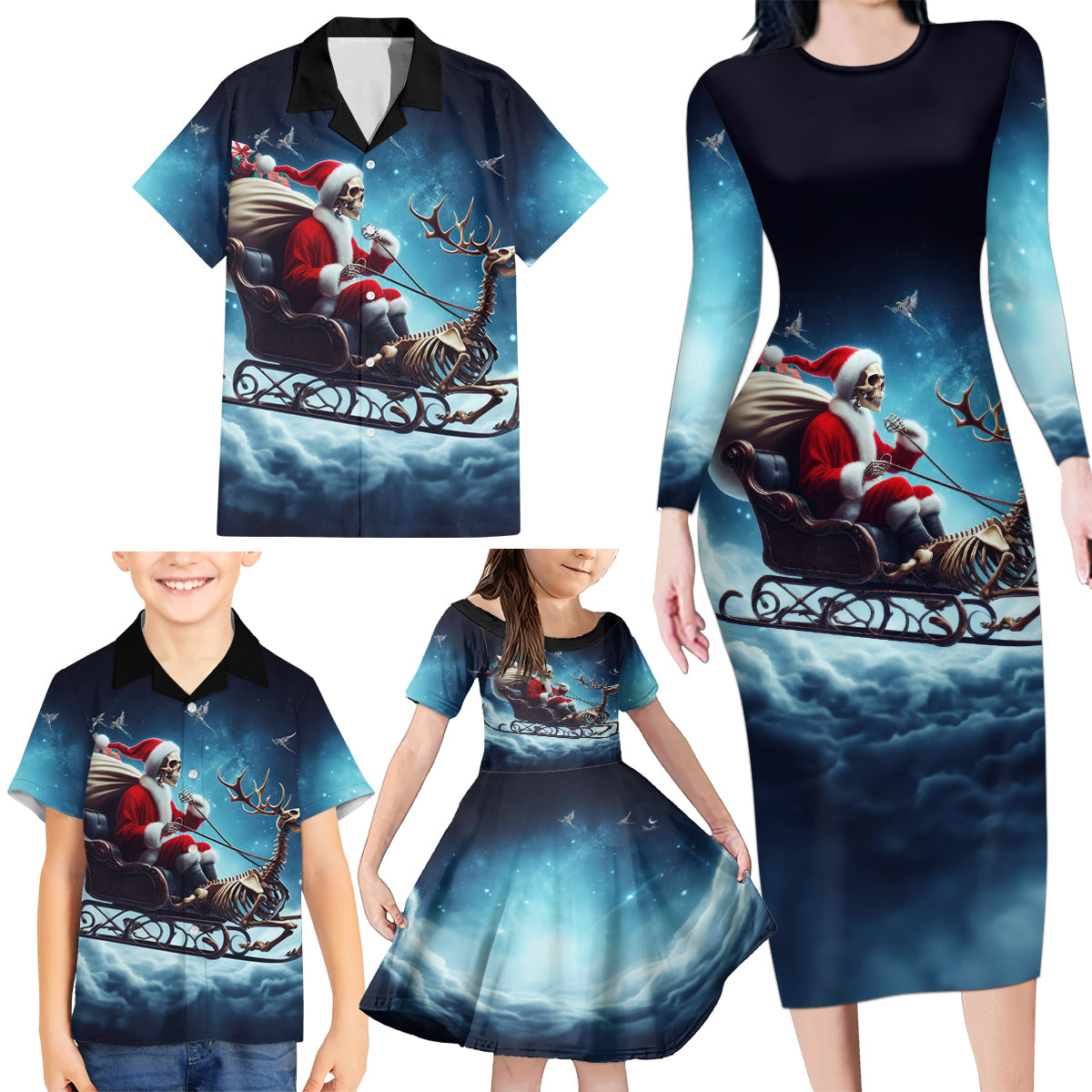 Skeleton Santa Claus Family Matching Long Sleeve Bodycon Dress and Hawaiian Shirt Santa Claus Is Coming To Town - Wonder Print Shop