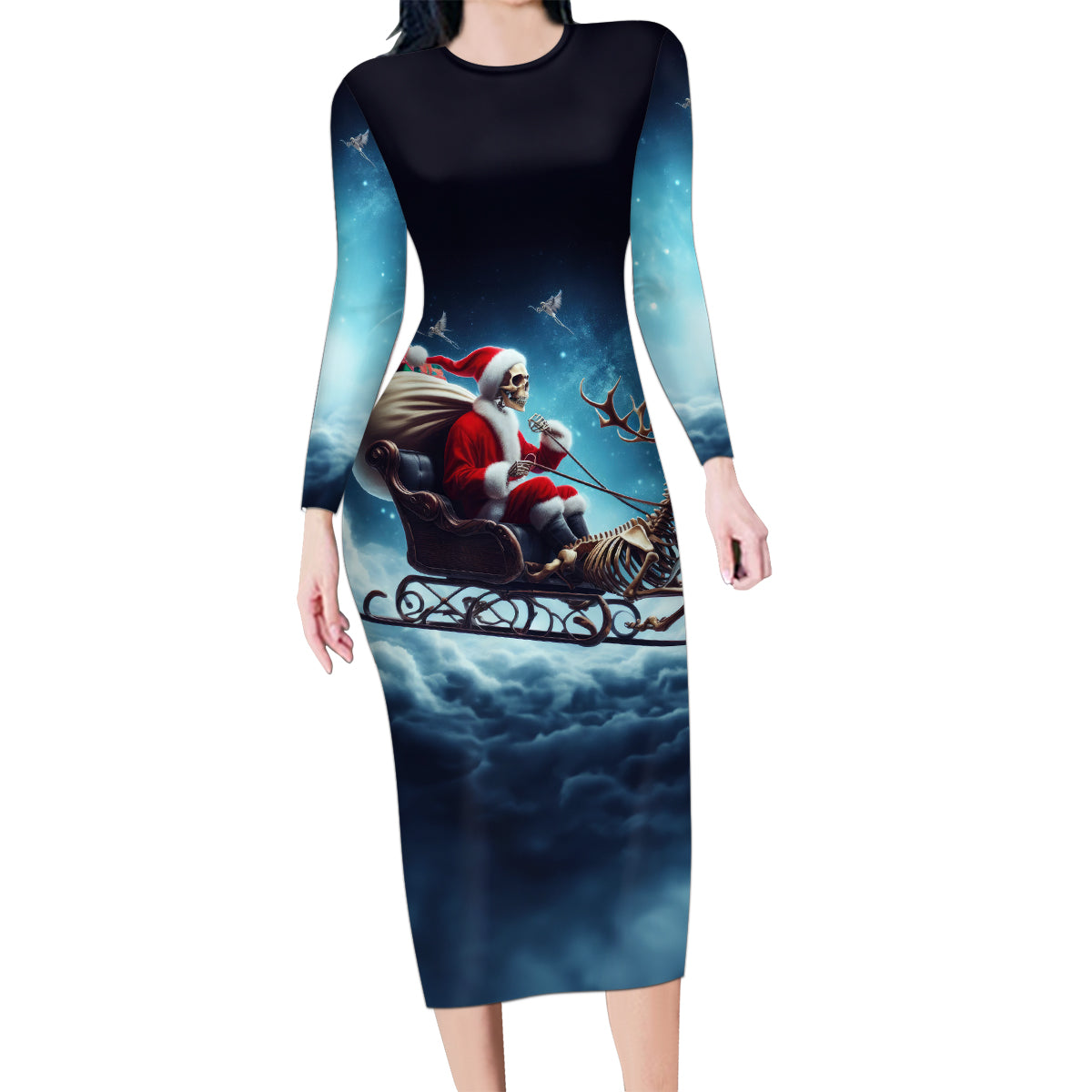 Skeleton Santa Claus Family Matching Long Sleeve Bodycon Dress and Hawaiian Shirt Santa Claus Is Coming To Town - Wonder Print Shop