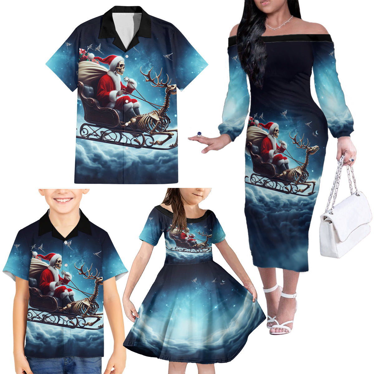 Skeleton Santa Claus Family Matching Off Shoulder Long Sleeve Dress and Hawaiian Shirt Santa Claus Is Coming To Town - Wonder Print Shop