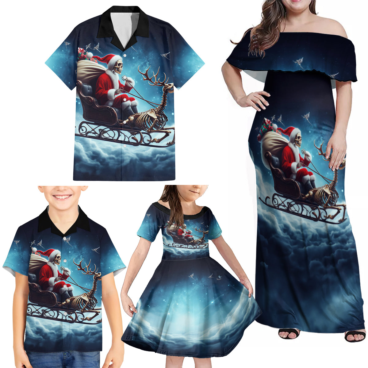 Skeleton Santa Claus Family Matching Off Shoulder Maxi Dress and Hawaiian Shirt Santa Claus Is Coming To Town - Wonder Print Shop