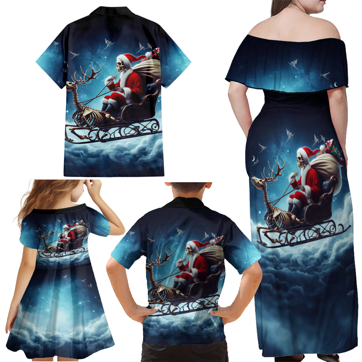 Skeleton Santa Claus Family Matching Off Shoulder Maxi Dress and Hawaiian Shirt Santa Claus Is Coming To Town - Wonder Print Shop