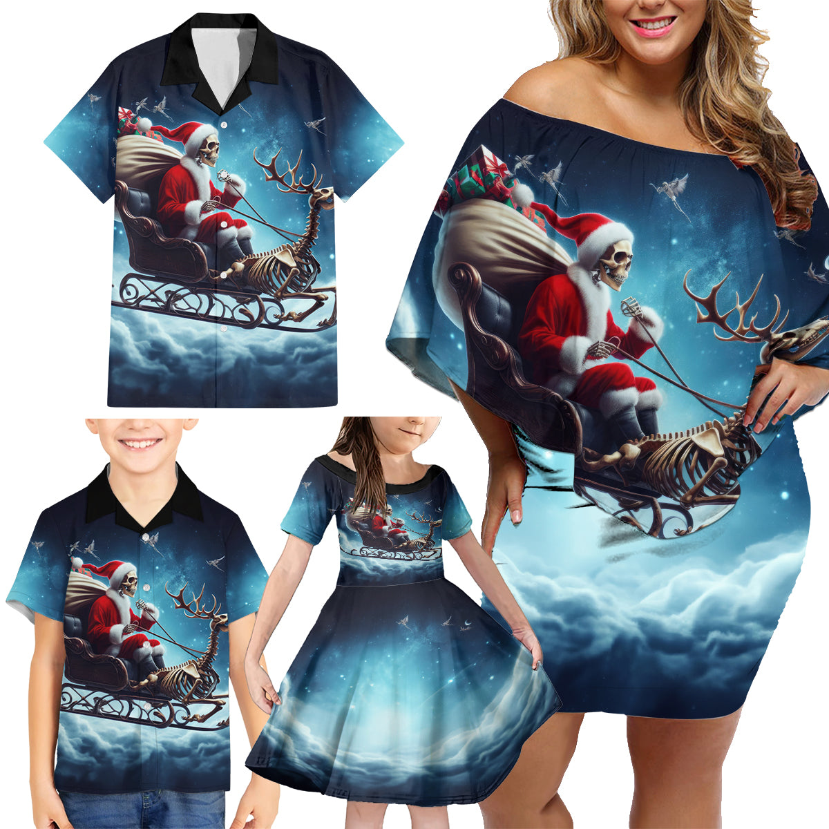 Skeleton Santa Claus Family Matching Off Shoulder Short Dress and Hawaiian Shirt Santa Claus Is Coming To Town - Wonder Print Shop
