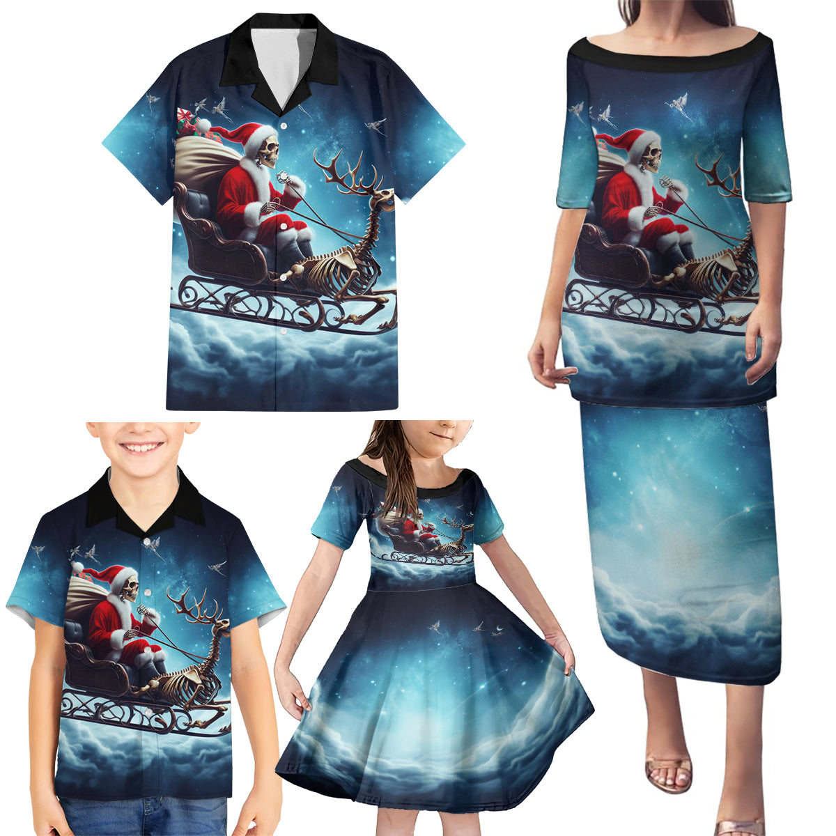 Skeleton Santa Claus Family Matching Puletasi Dress and Hawaiian Shirt Santa Claus Is Coming To Town - Wonder Print Shop