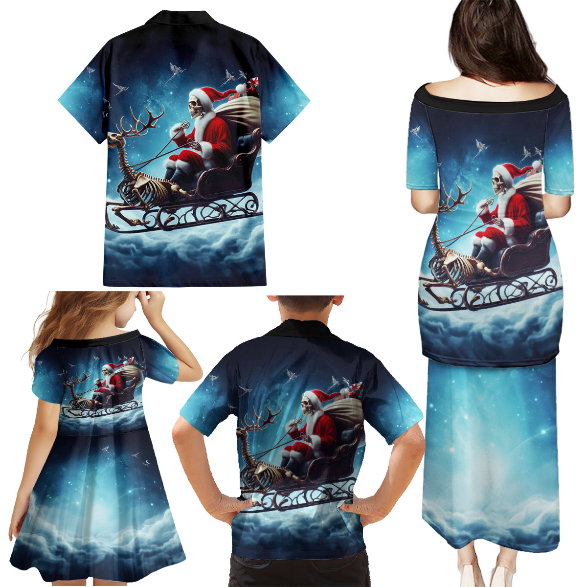 Skeleton Santa Claus Family Matching Puletasi Dress and Hawaiian Shirt Santa Claus Is Coming To Town - Wonder Print Shop