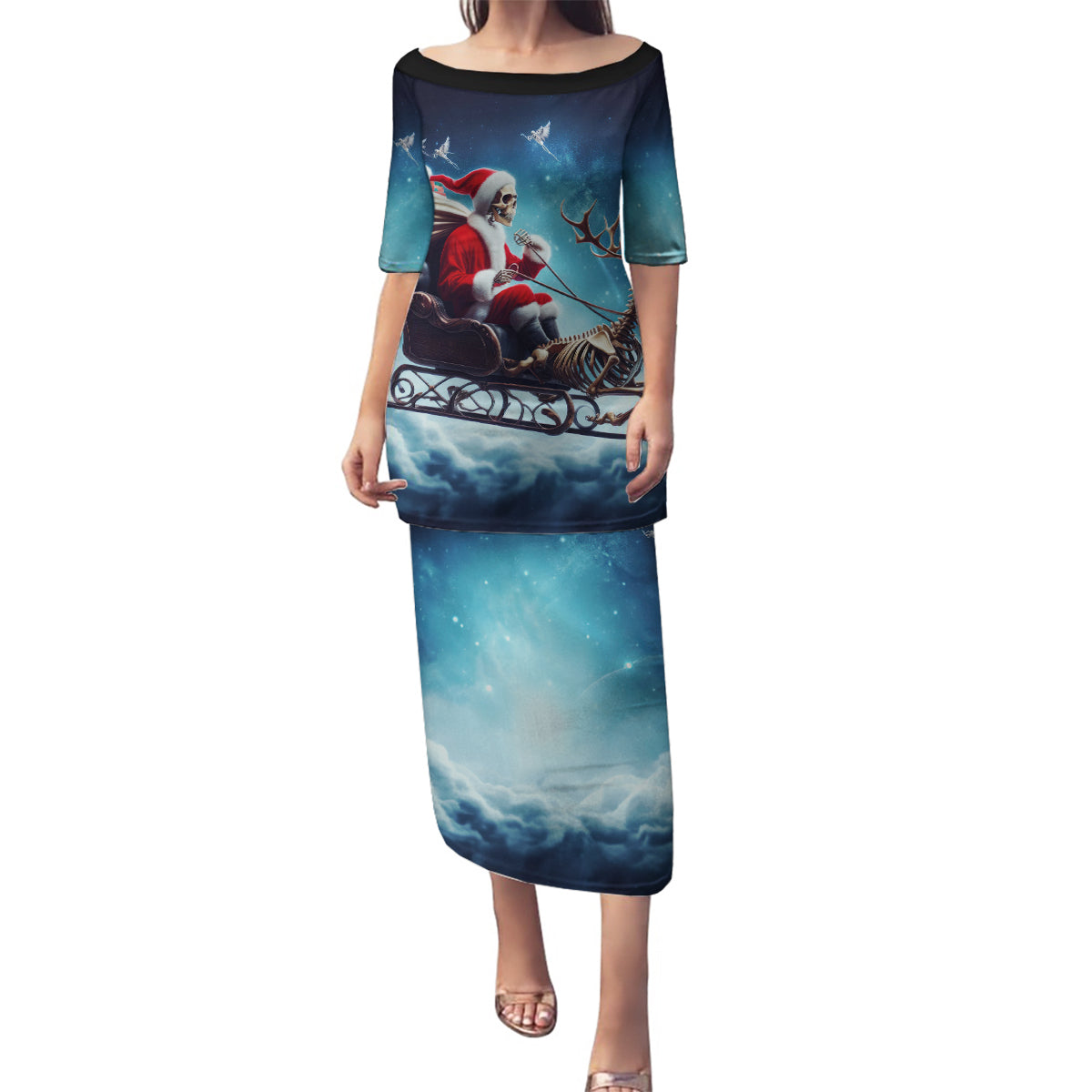 Skeleton Santa Claus Family Matching Puletasi Dress and Hawaiian Shirt Santa Claus Is Coming To Town - Wonder Print Shop